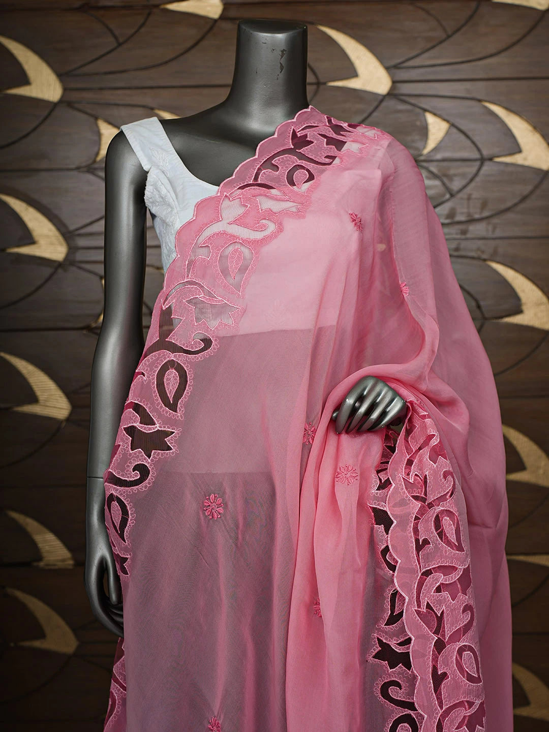 Ada Hand Embroidered Pink Organza Lucknowi Chikankari Dupatta 01A706919