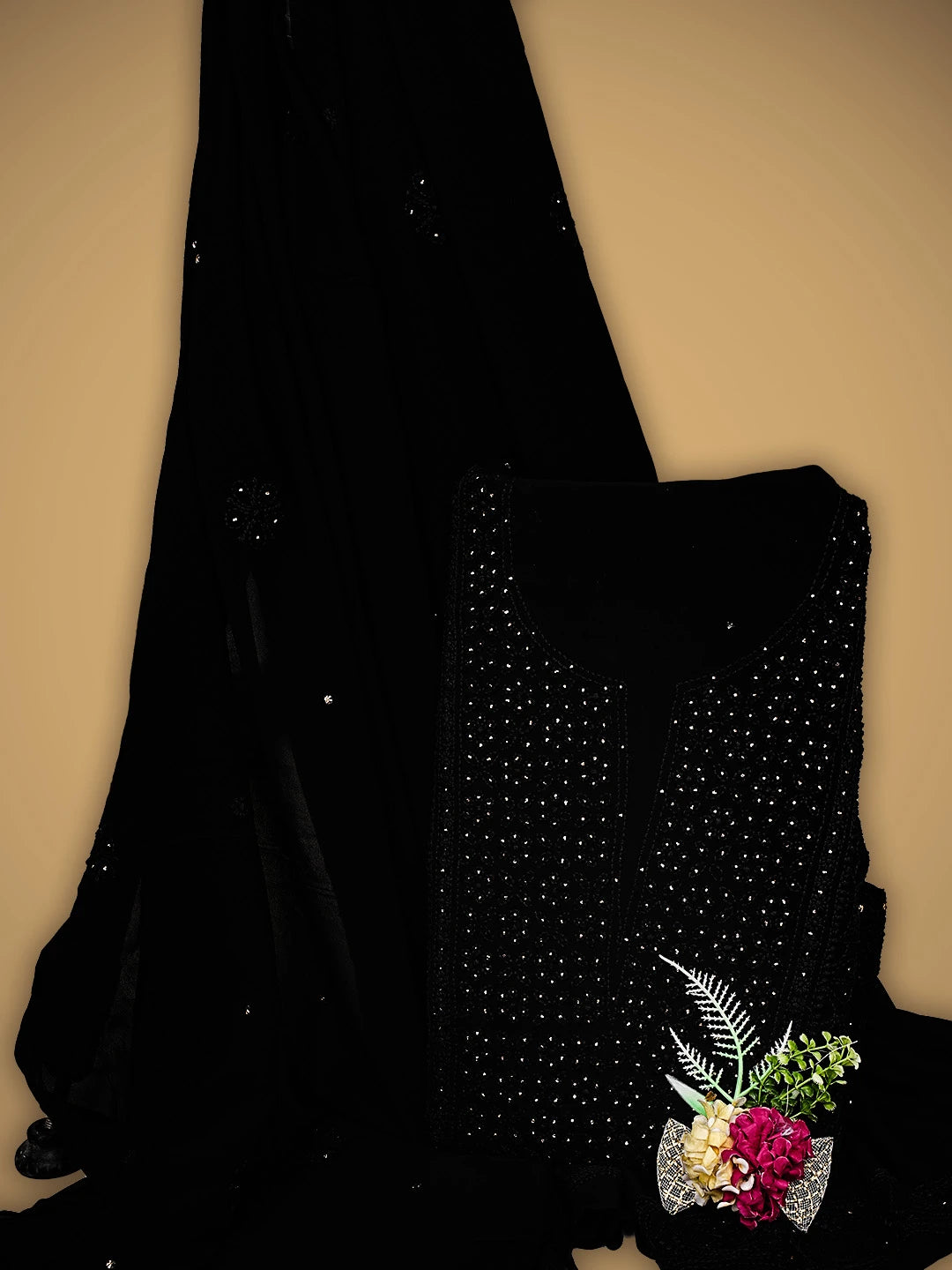 Ada Hand Embroidered Black Viscose Georgette Lucknowi Chikankari Unstitched Kurta Dupatta Set With Muqaish/Mukaish Work 01A555939