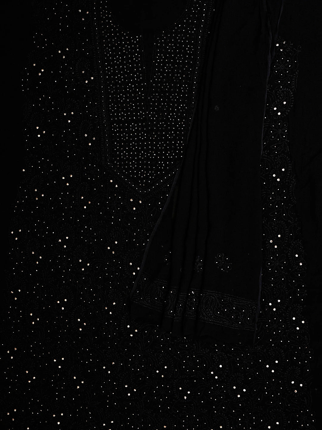 Ada Hand Embroidered Black Viscose Georgette Lucknowi Chikankari Unstitched Kurta Dupatta Set With Muqaish/Mukaish Work 01A555939