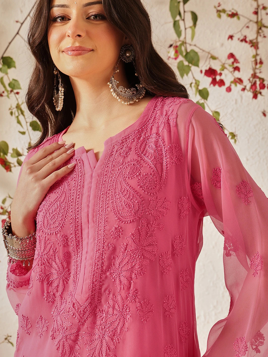 Ada Hand Embroidered Pink Georgette Lucknowi Chikankari Straight Kurta with Slip A130755