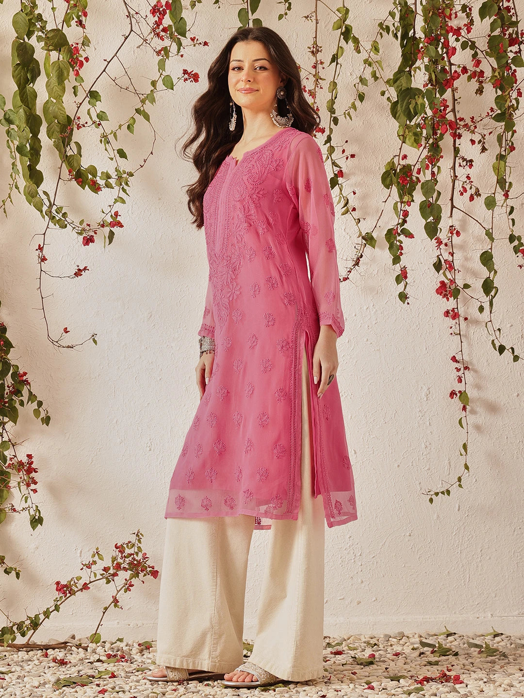 Ada Hand Embroidered Pink Georgette Lucknowi Chikankari Straight Kurta with Slip A130755