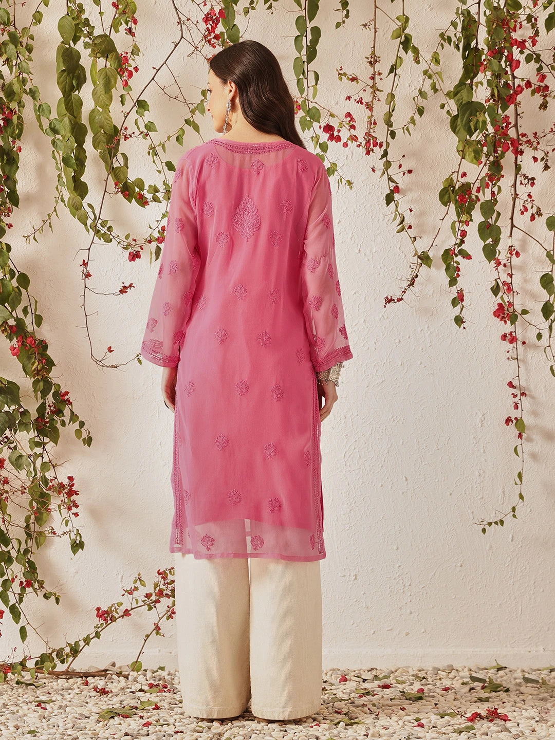 Ada Hand Embroidered Pink Georgette Lucknowi Chikankari Straight Kurta with Slip A130755