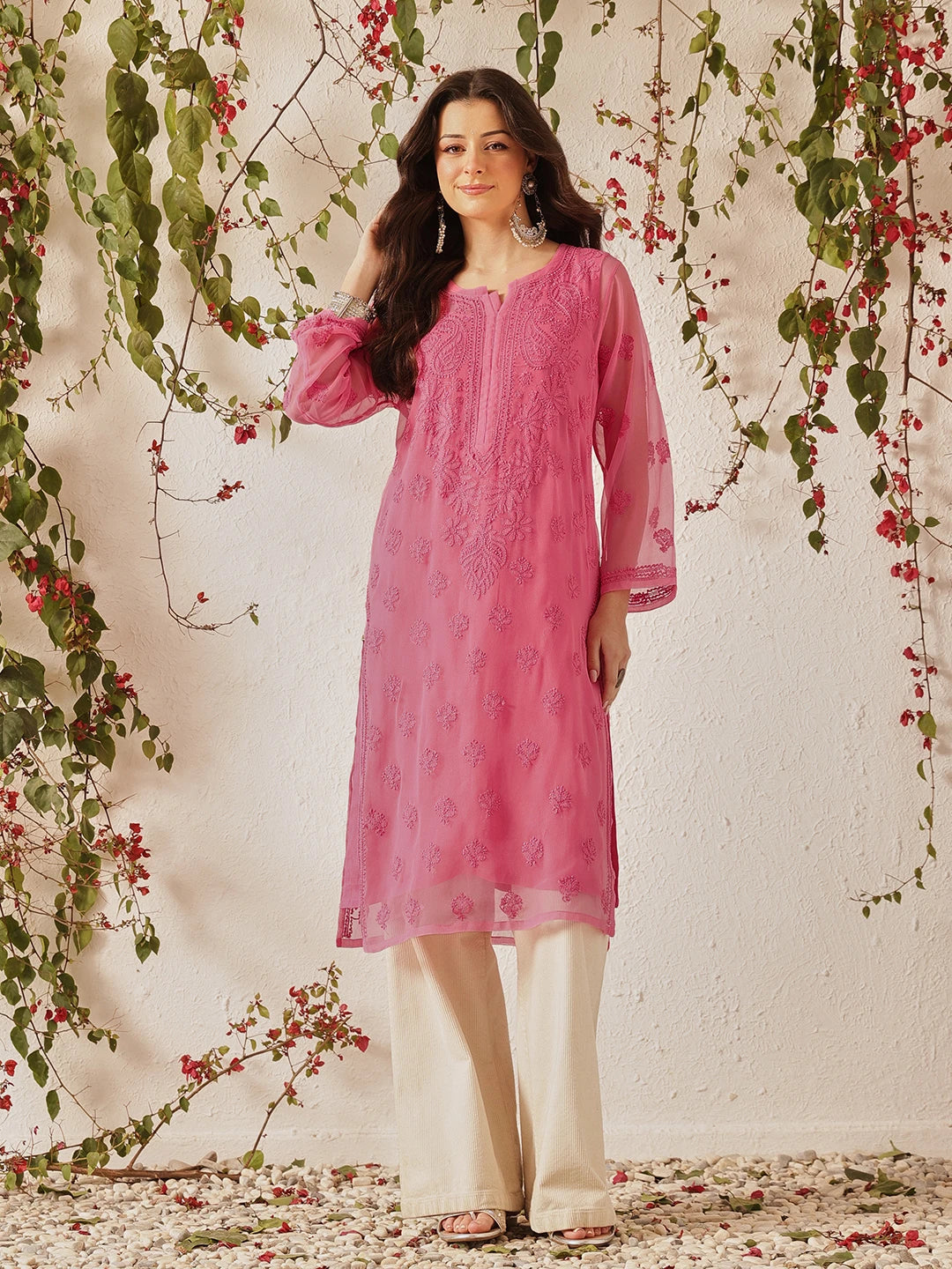Ada Hand Embroidered Pink Georgette Lucknowi Chikankari Straight Kurta with Slip A130755