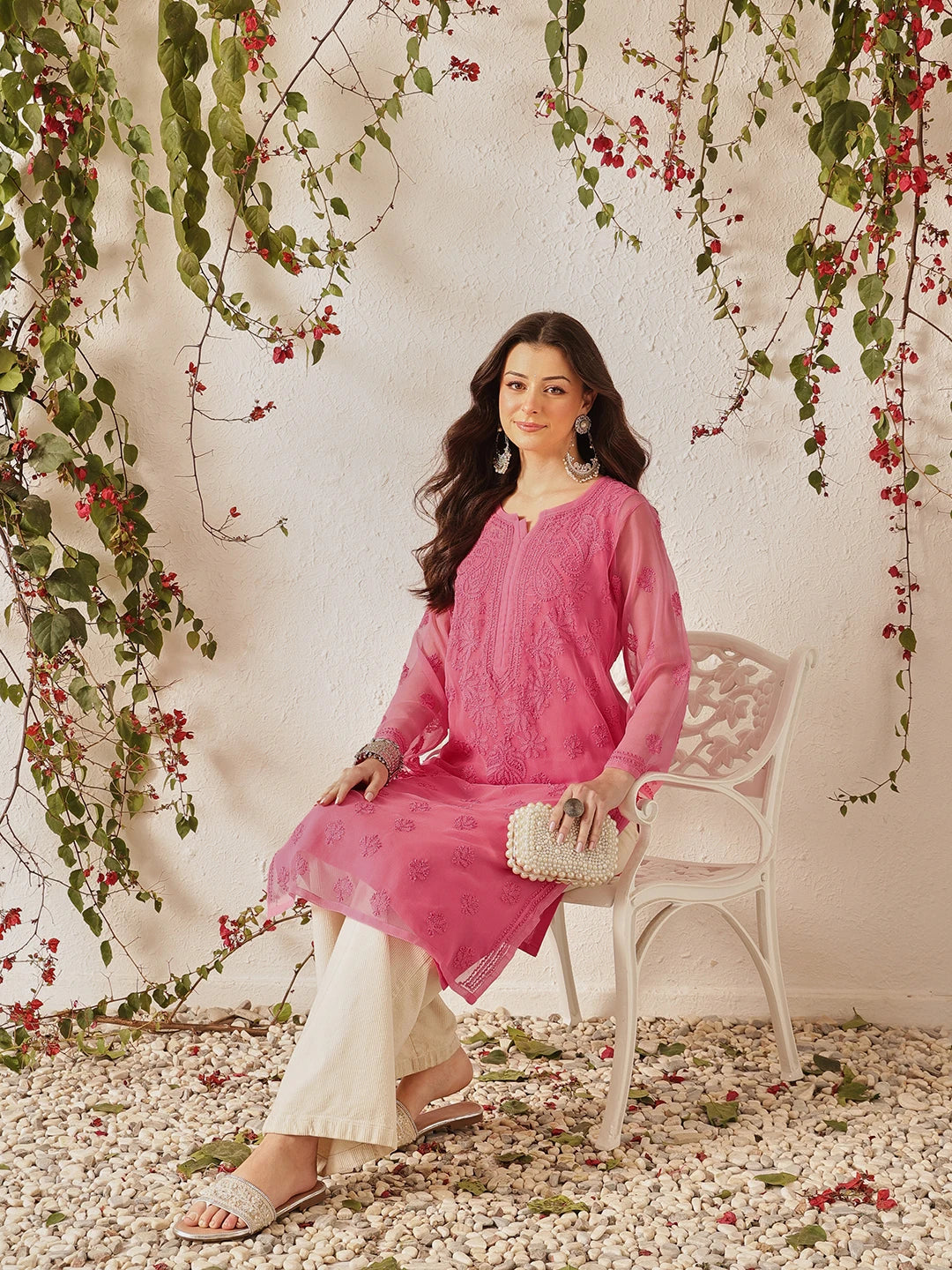 Ada Hand Embroidered Pink Georgette Lucknowi Chikankari Straight Kurta with Slip A130755