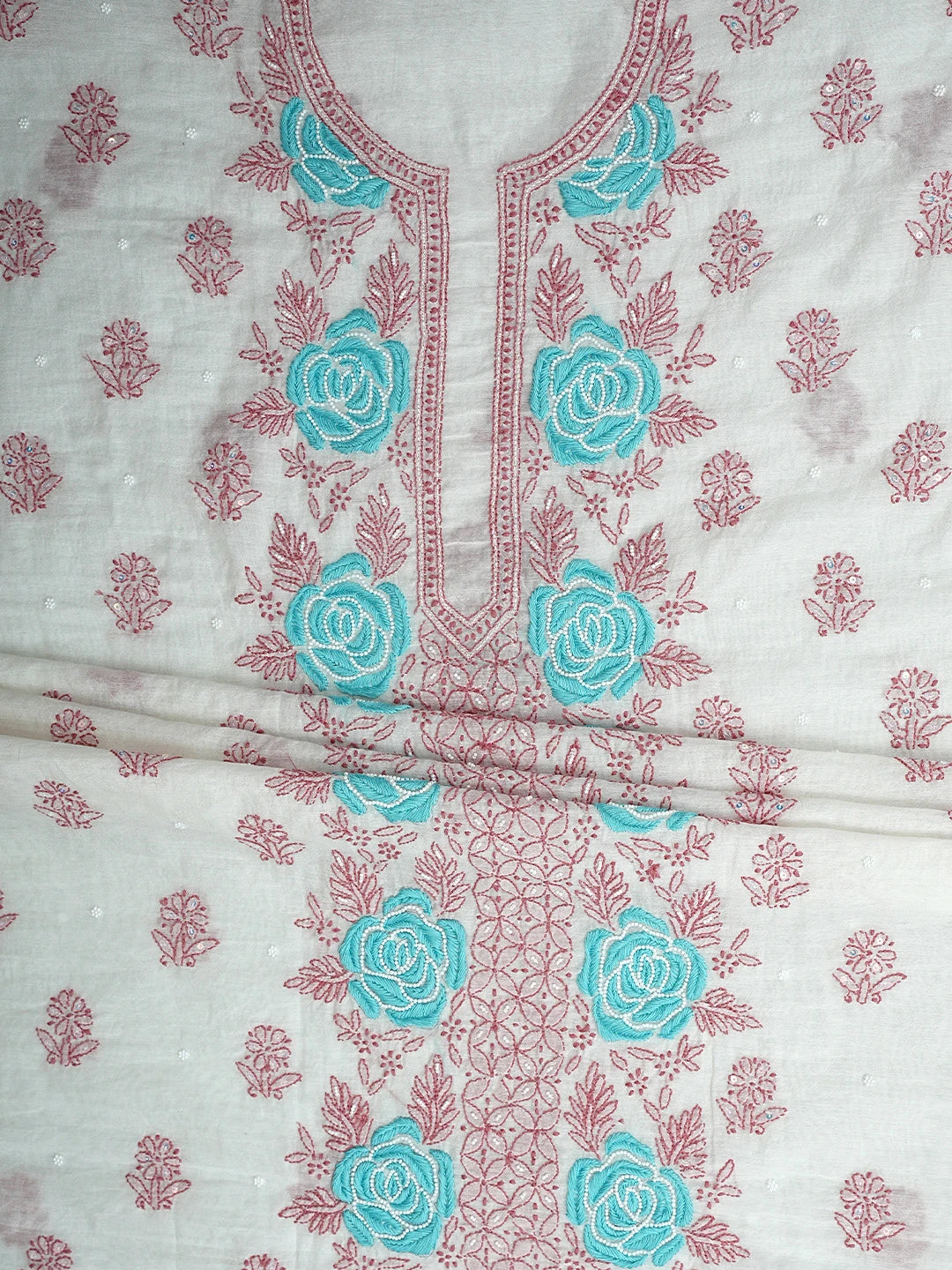 Ada Hand Embroidered White Seashell Chanderi Lucknowi Chikankari Unstitched Kurta Dupatta Set With Pearl Work 01A897569