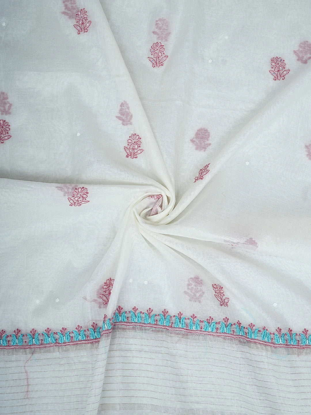 Ada Hand Embroidered White Seashell Chanderi Lucknowi Chikankari Unstitched Kurta Dupatta Set With Pearl Work 01A897569