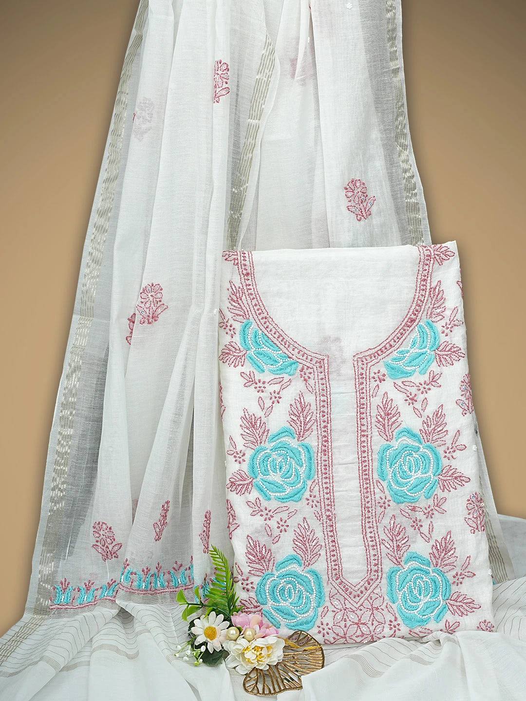 Ada Hand Embroidered White Seashell Chanderi Lucknowi Chikankari Unstitched Kurta Dupatta Set With Pearl Work 01A897569