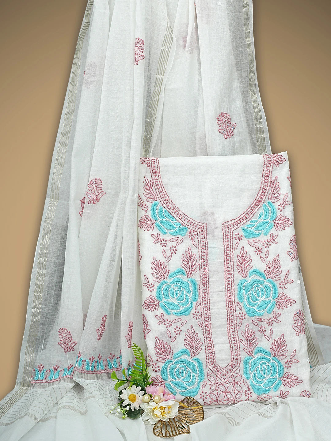 Ada Hand Embroidered White Seashell Chanderi Lucknowi Chikankari Unstitched Kurta Dupatta Set With Pearl Work 01A897569