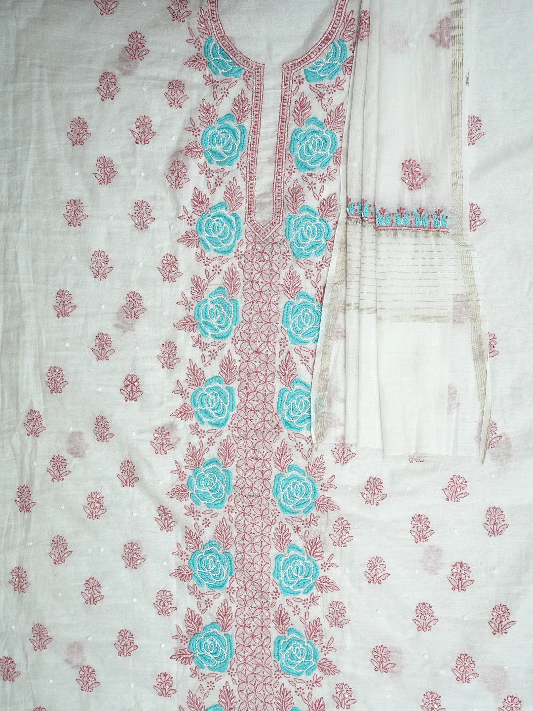Ada Hand Embroidered White Seashell Chanderi Lucknowi Chikankari Unstitched Kurta Dupatta Set With Pearl Work 01A897569