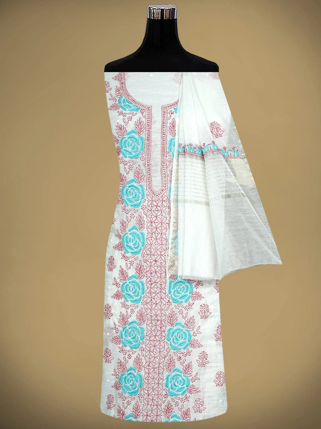 Ada Hand Embroidered White Seashell Chanderi Lucknowi Chikankari Unstitched Kurta Dupatta Set With Pearl Work 01A897569