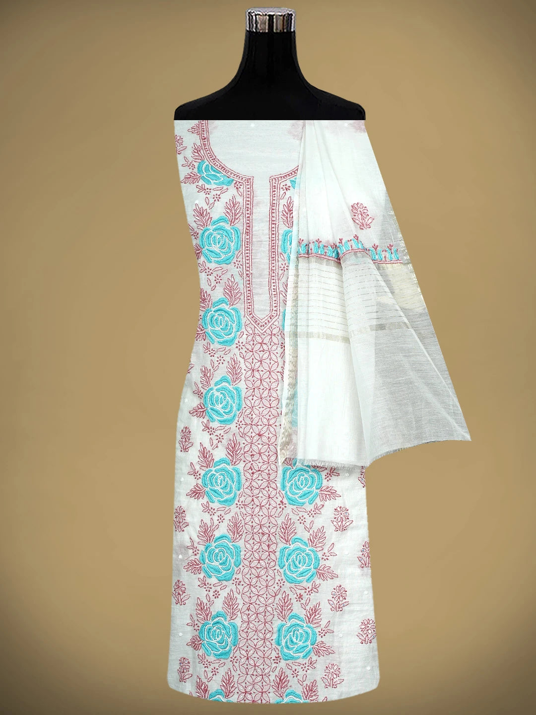 Ada Hand Embroidered White Seashell Chanderi Lucknowi Chikankari Unstitched Kurta Dupatta Set With Pearl Work 01A897569
