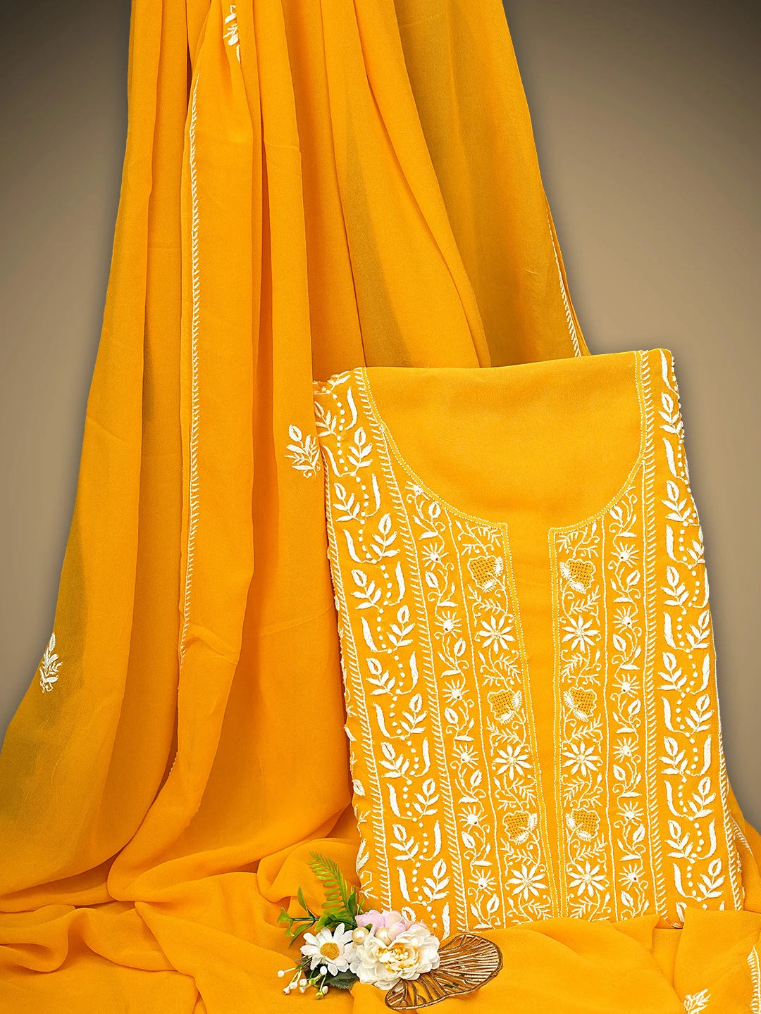 Ada Hand Embroidered Yellow Viscose Georgette Lucknowi Chikankari Unstitched Kurta Dupatta Set 01A908445