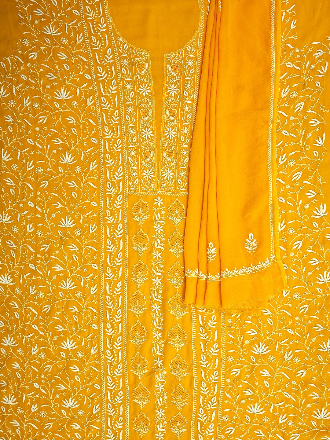 Ada Hand Embroidered Yellow Viscose Georgette Lucknowi Chikankari Unstitched Kurta Dupatta Set 01A908445