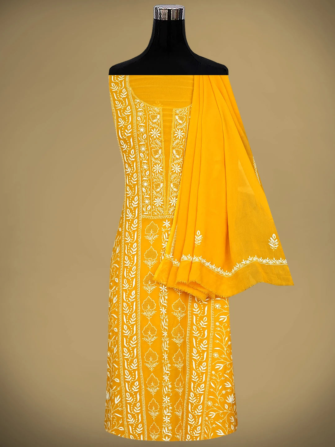 Ada Hand Embroidered Yellow Viscose Georgette Lucknowi Chikankari Unstitched Kurta Dupatta Set 01A908445
