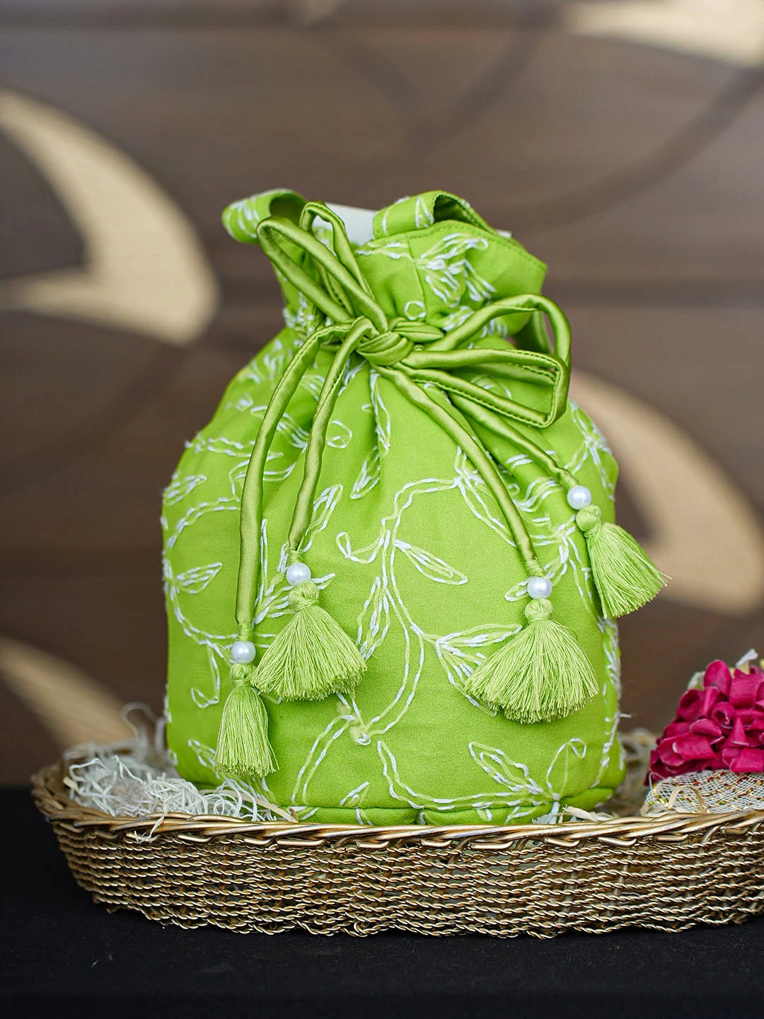 Ada Hand Embroidered Green Faux Georgette Lucknowi Chikankari Potli Bag 01A938436