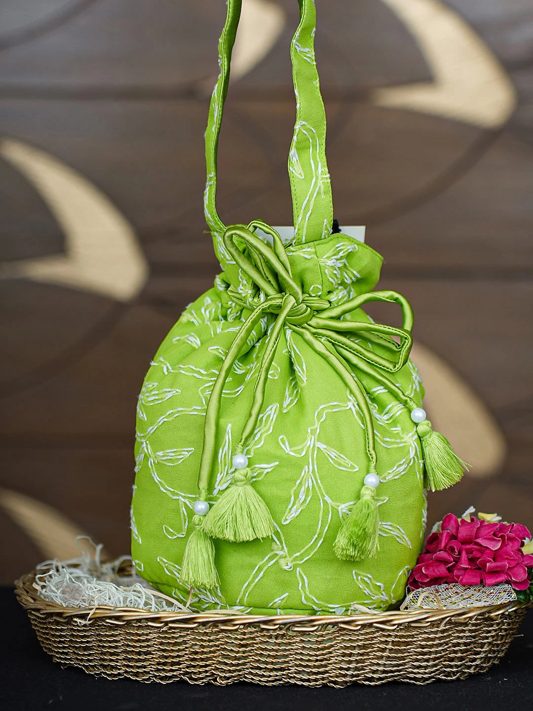 Ada Hand Embroidered Green Faux Georgette Lucknowi Chikankari Potli Bag 01A938436