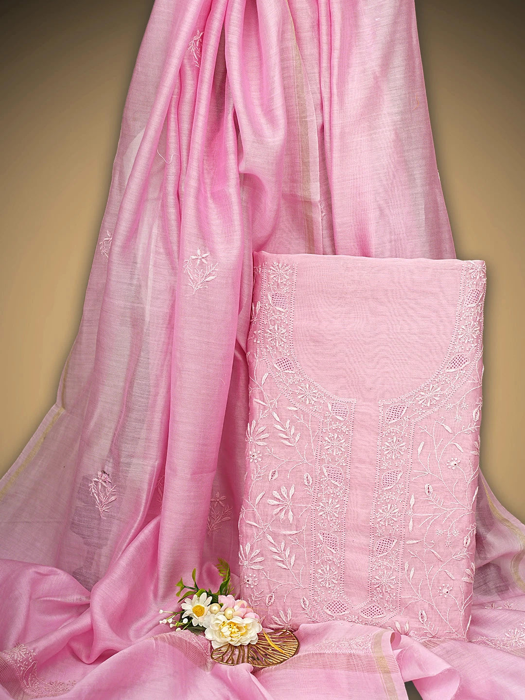 Ada Hand Embroidered Pink Mist Chanderi Lucknowi Chikankari Unstitched Kurta Dupatta Set 01A944074