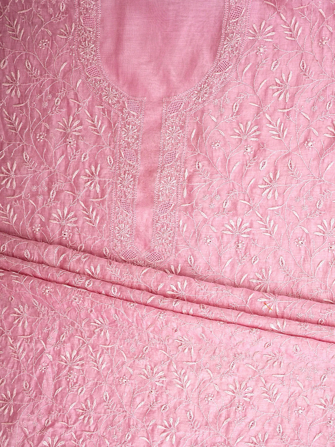 Ada Hand Embroidered Pink Mist Chanderi Lucknowi Chikankari Unstitched Kurta Dupatta Set 01A944074