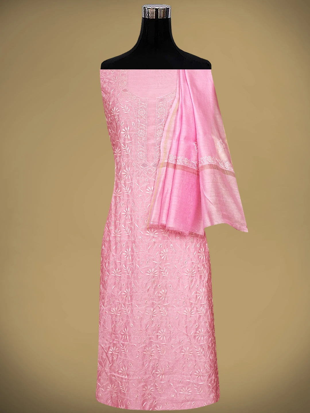 Ada Hand Embroidered Pink Mist Chanderi Lucknowi Chikankari Unstitched Kurta Dupatta Set 01A944074