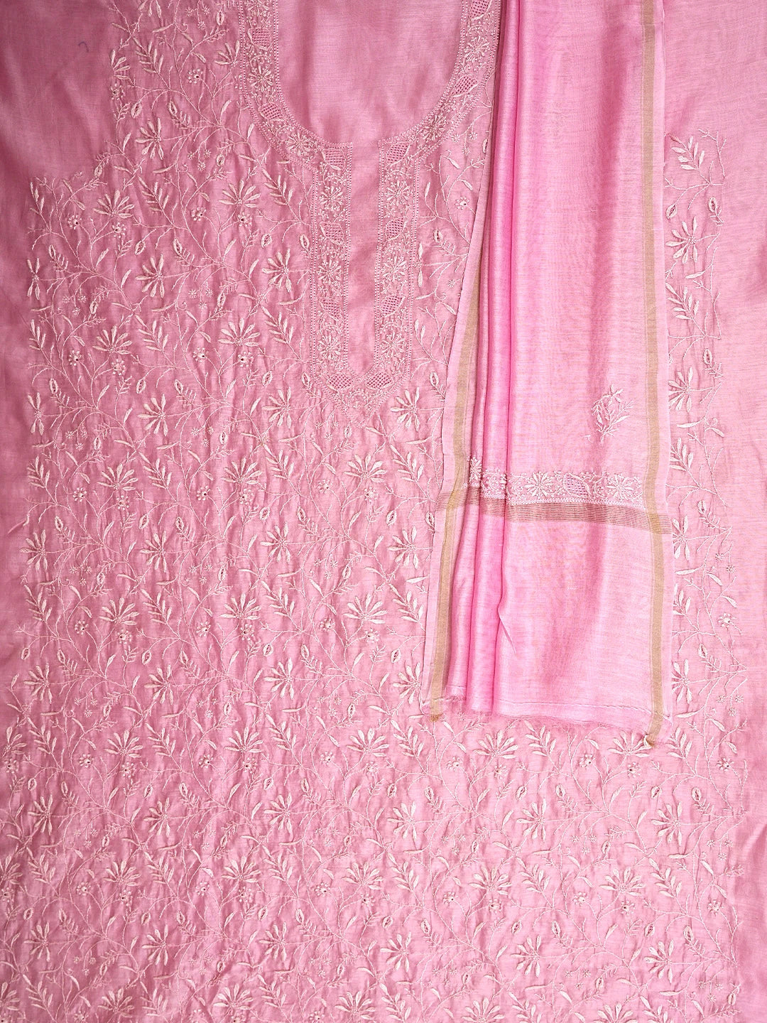 Ada Hand Embroidered Pink Mist Chanderi Lucknowi Chikankari Unstitched Kurta Dupatta Set 01A944074