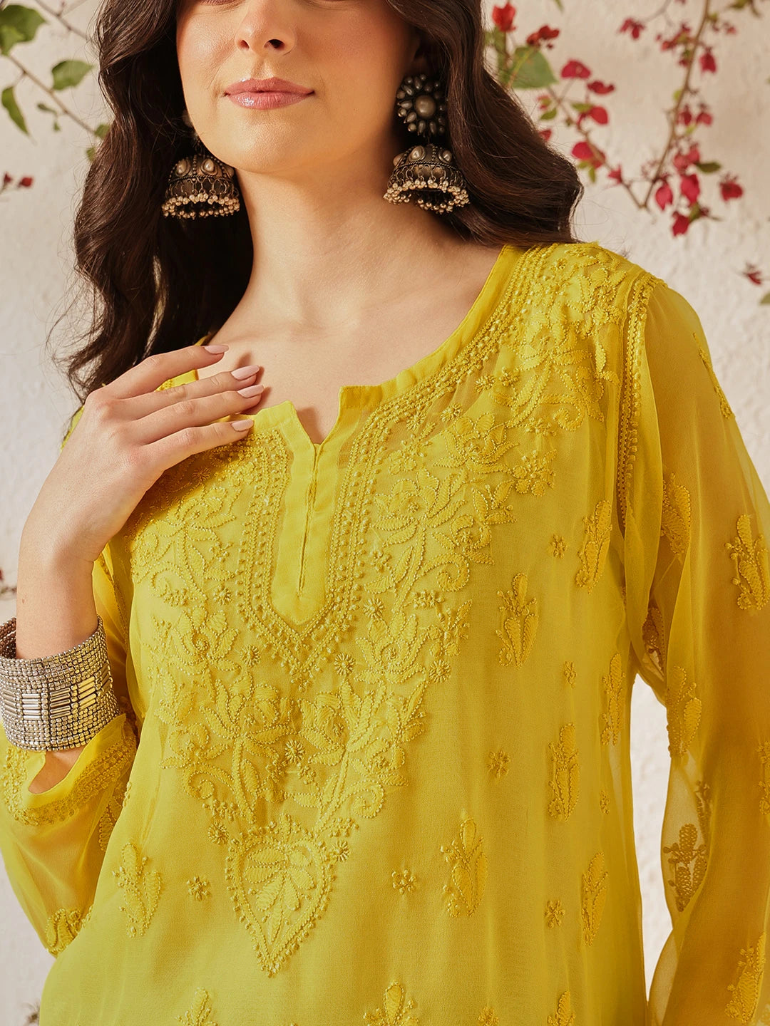 Ada Hand Embroidered Yellow Georgette Lucknow Chikan Kurti with slip A911558
