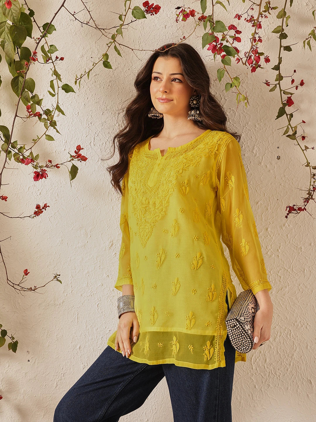 Ada Hand Embroidered Yellow Georgette Lucknow Chikan Kurti with slip A911558