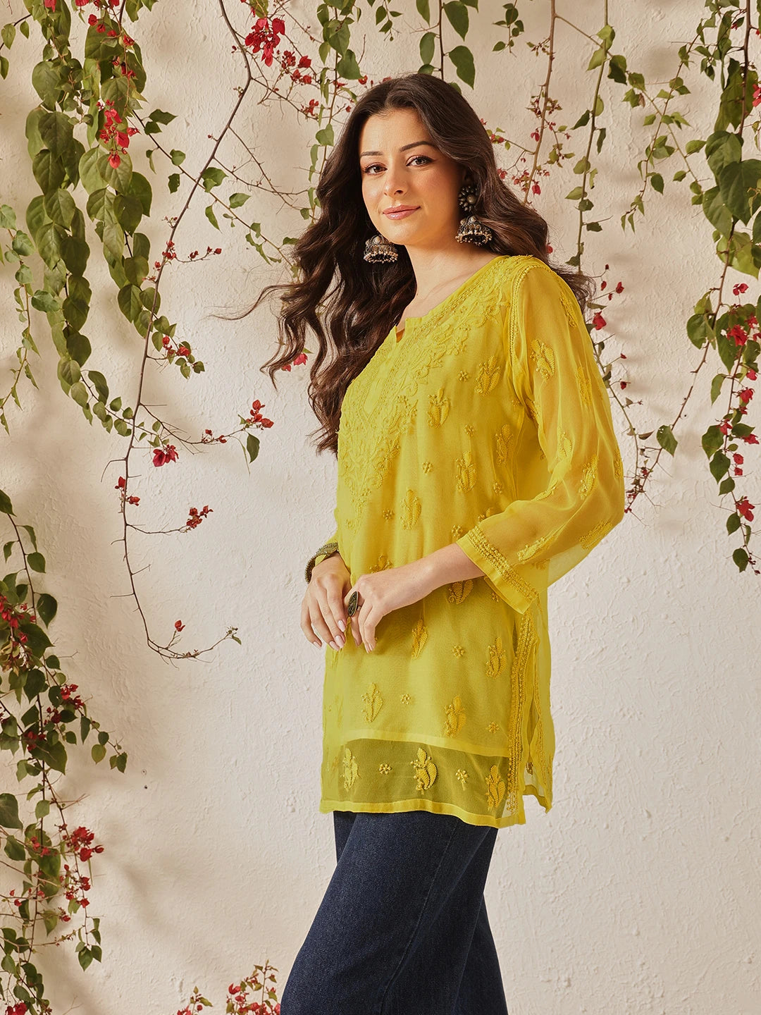 Ada Hand Embroidered Yellow Georgette Lucknow Chikan Kurti with slip A911558