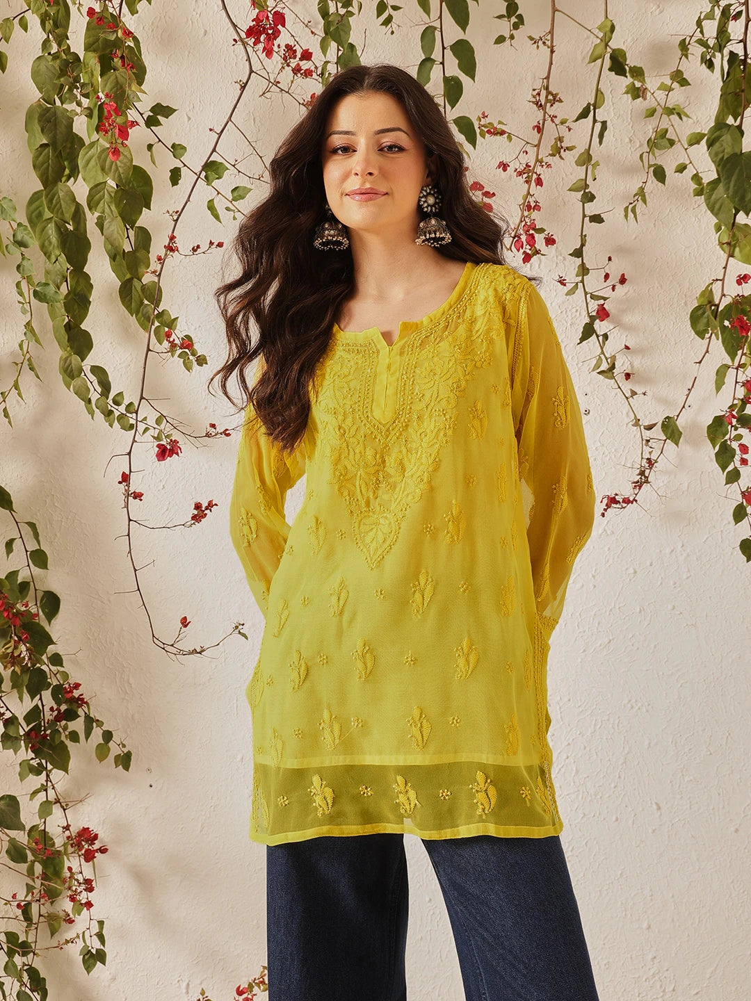 Ada Hand Embroidered Yellow Georgette Lucknow Chikan Kurti with slip A911558