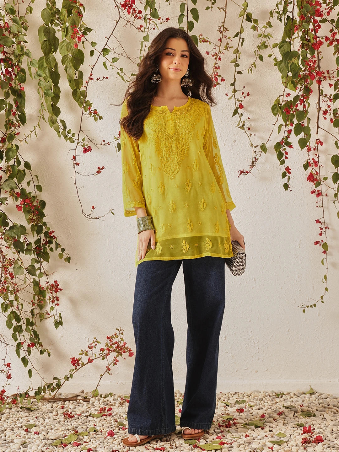 Ada Hand Embroidered Yellow Georgette Lucknow Chikan Kurti with slip A911558