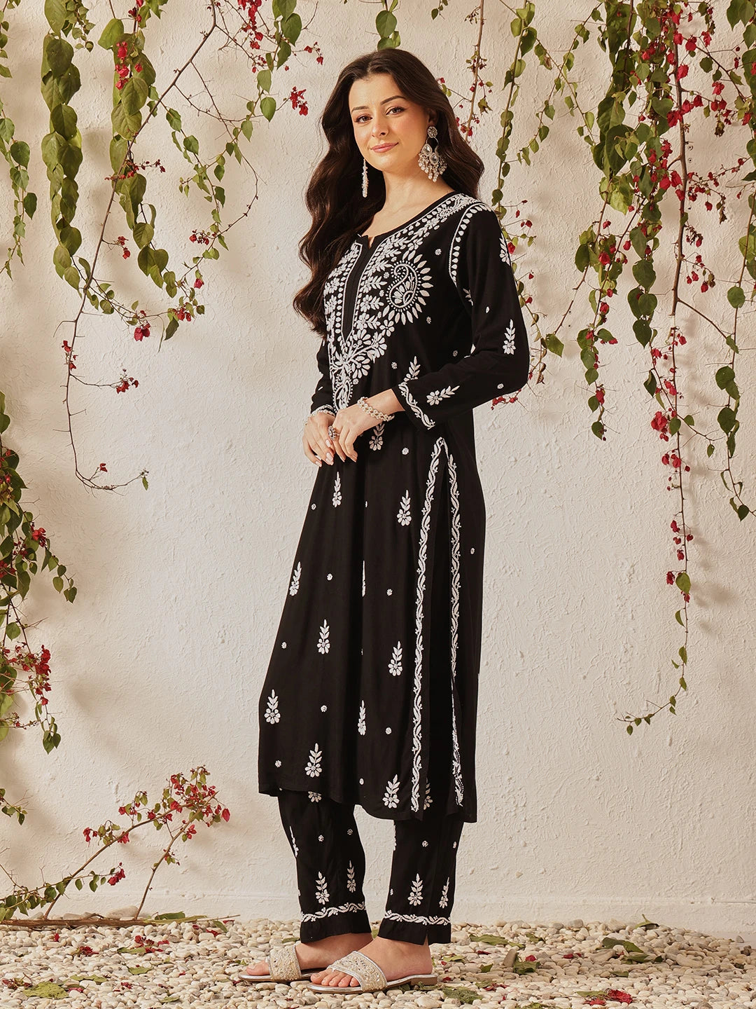 Ada Hand Embroidered Black Rayon Lucknowi Chikankari Co-Ord Set A811376