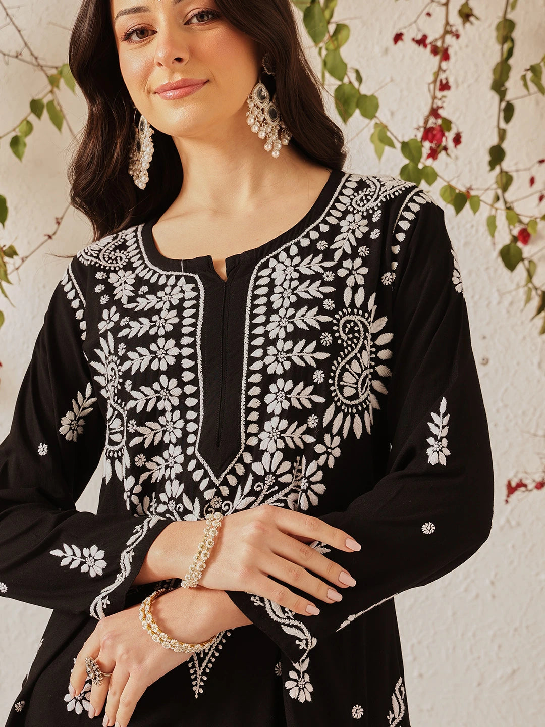 Ada Hand Embroidered Black Rayon Lucknowi Chikankari Co-Ord Set A811376