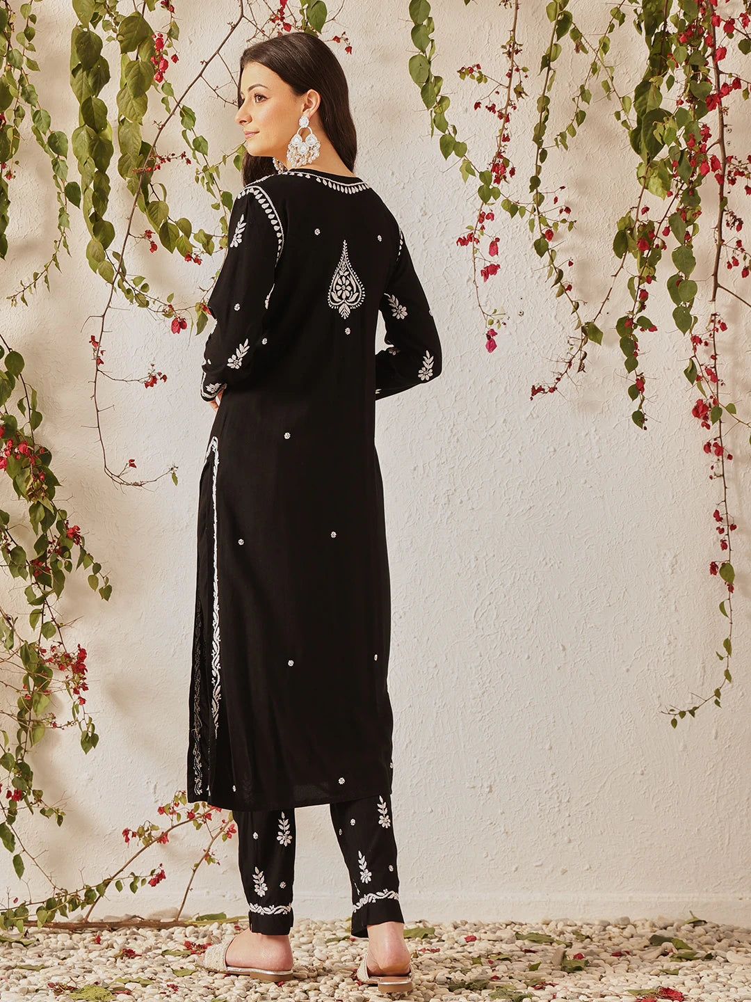 Ada Hand Embroidered Black Rayon Lucknowi Chikankari Co-Ord Set A811376