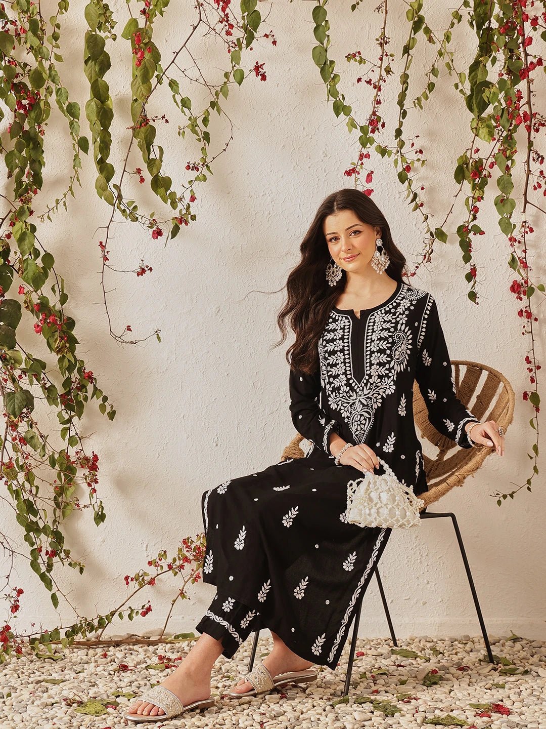 Ada Hand Embroidered Black Rayon Lucknowi Chikankari Co-Ord Set A811376