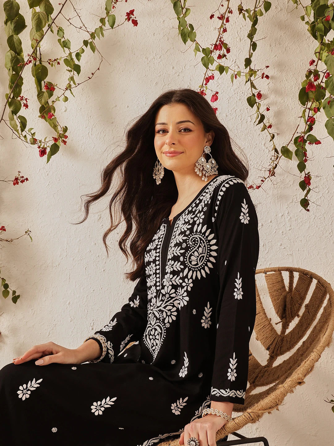 Ada Hand Embroidered Black Rayon Lucknowi Chikankari Co-Ord Set A811376