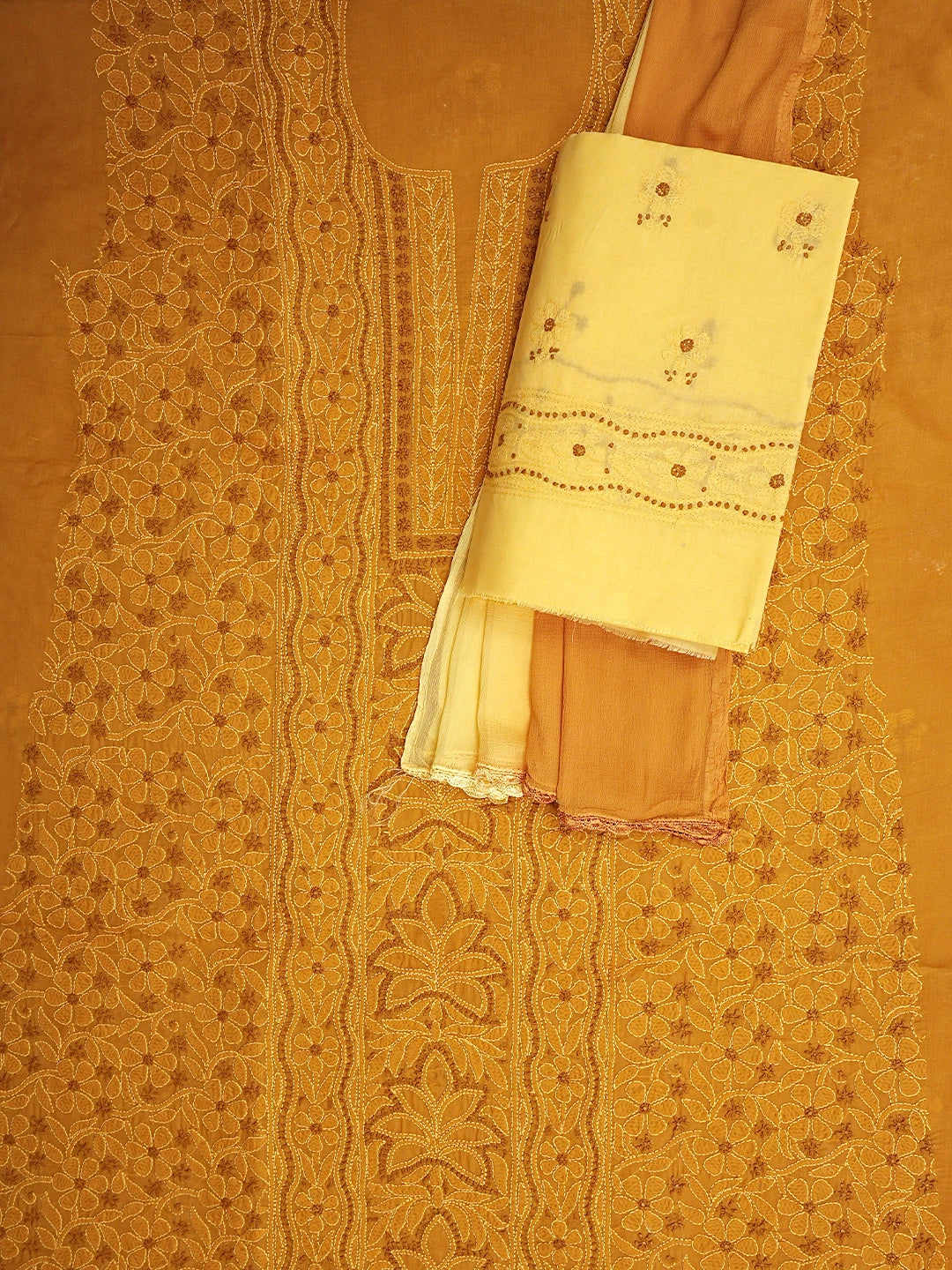 Ada Hand Embroidered Copper Brown Cotton Lucknowi Chikankari Unstitched Suit Piece 01A945798