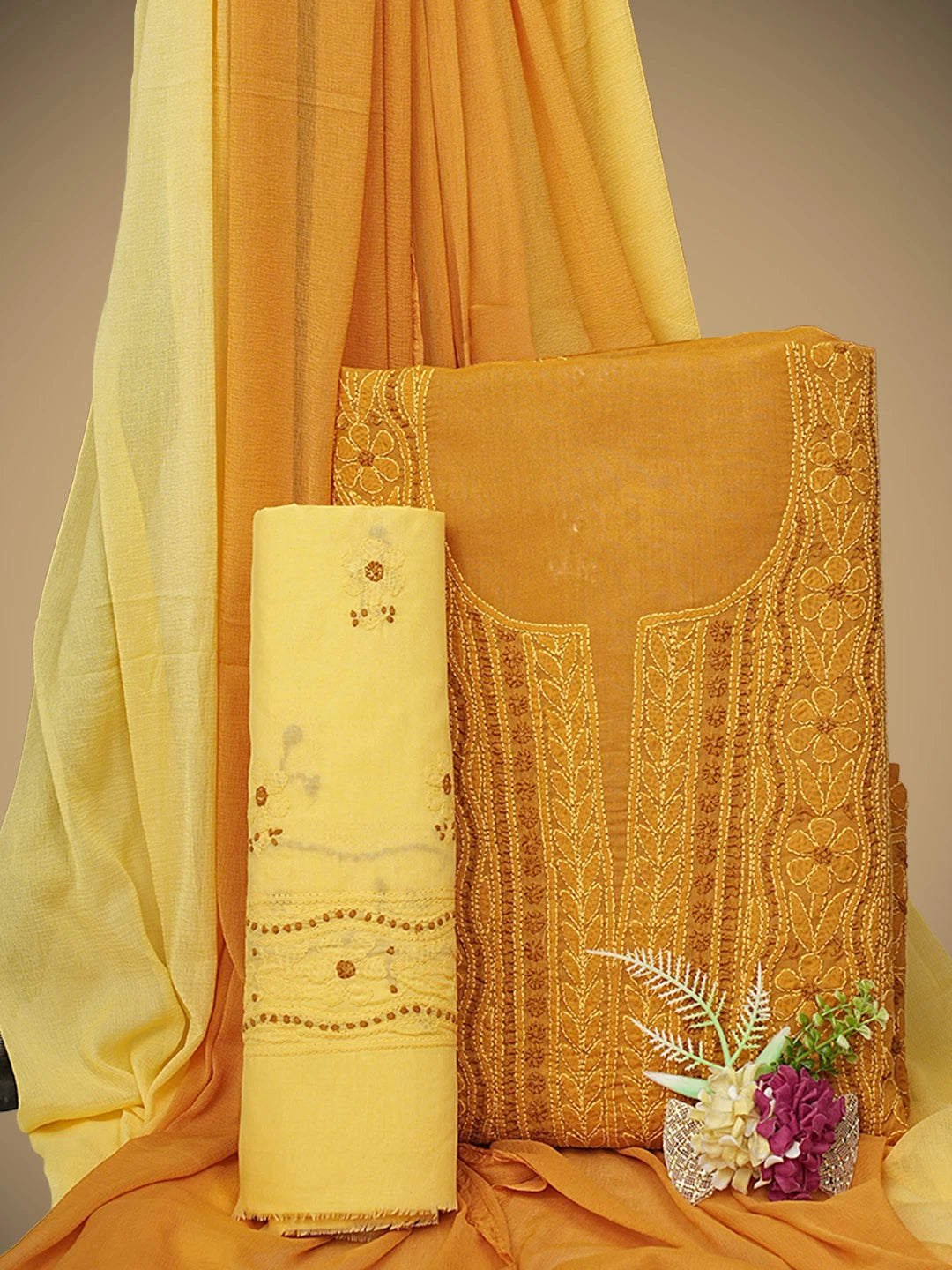 Ada Hand Embroidered Copper Brown Cotton Lucknowi Chikankari Unstitched Suit Piece 01A945798