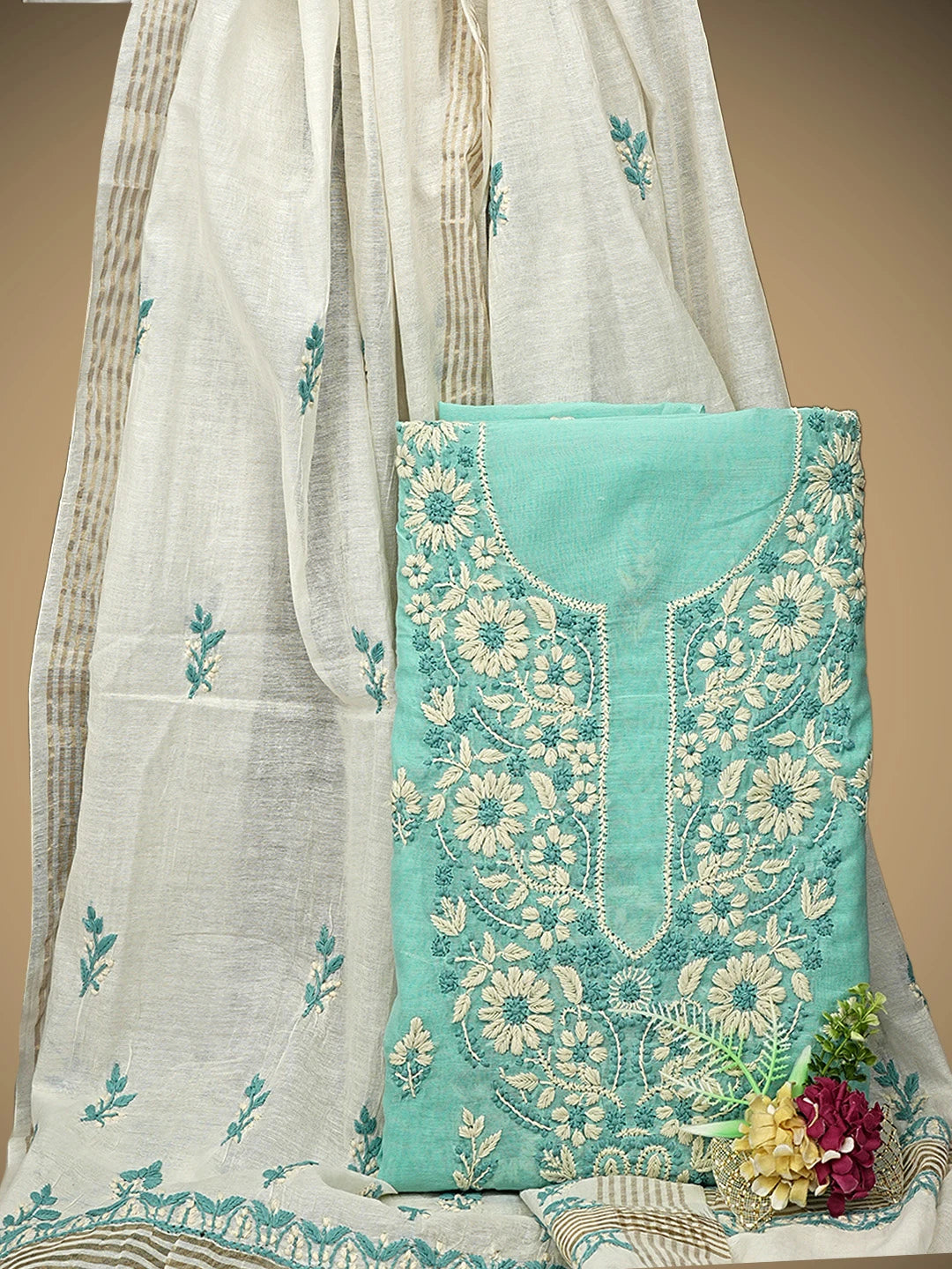 Ada Hand Embroidered Turquoise Chanderi Lucknowi Chikankari Unstitched Kurta Dupatta Set 01A945663