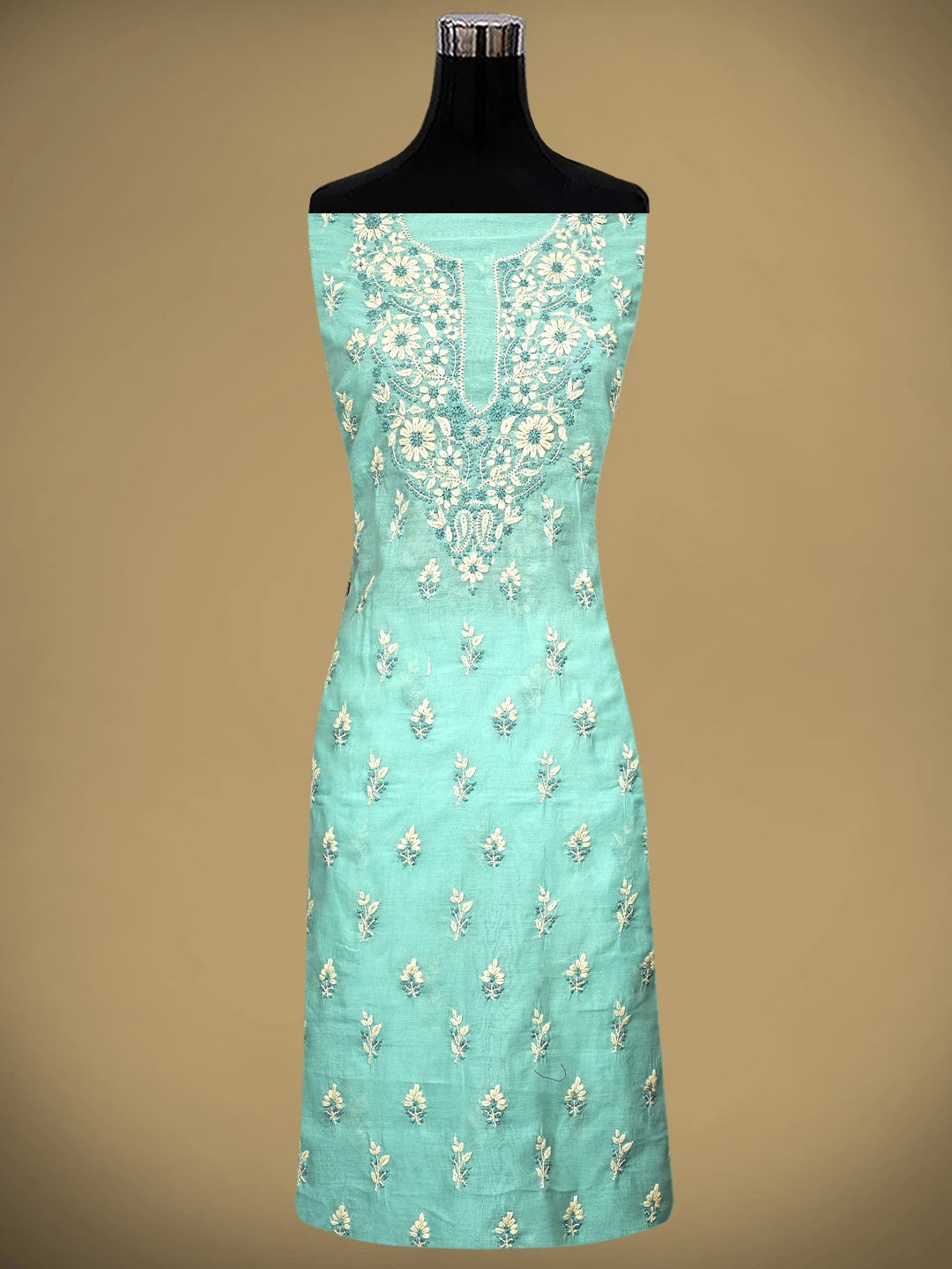 Ada Hand Embroidered Turquoise Chanderi Lucknowi Chikankari Unstitched Kurta Dupatta Set 01A945663