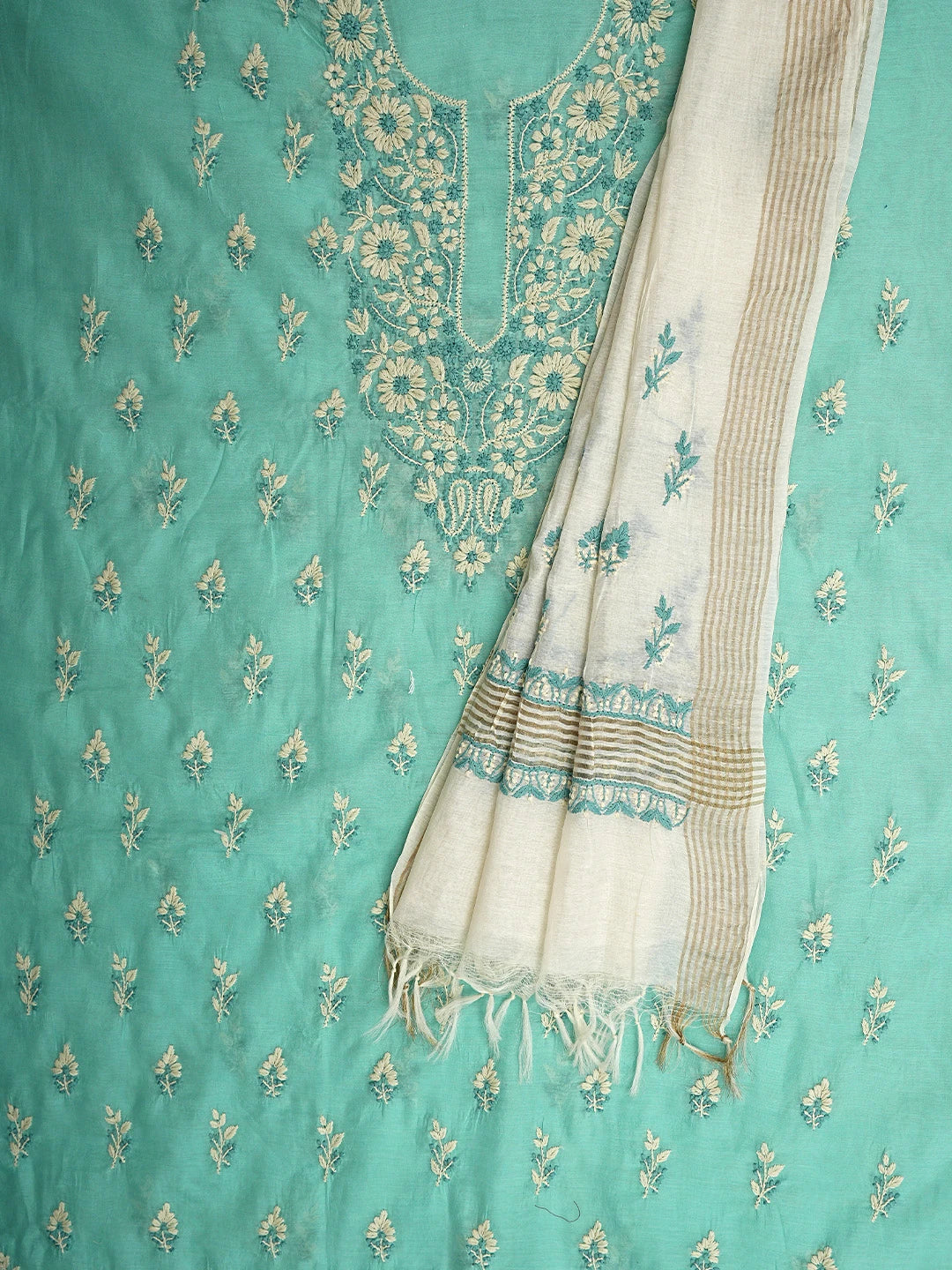 Ada Hand Embroidered Turquoise Chanderi Lucknowi Chikankari Unstitched Kurta Dupatta Set 01A945663