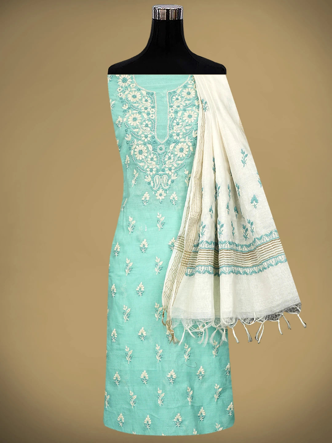Ada Hand Embroidered Turquoise Chanderi Lucknowi Chikankari Unstitched Kurta Dupatta Set 01A945663