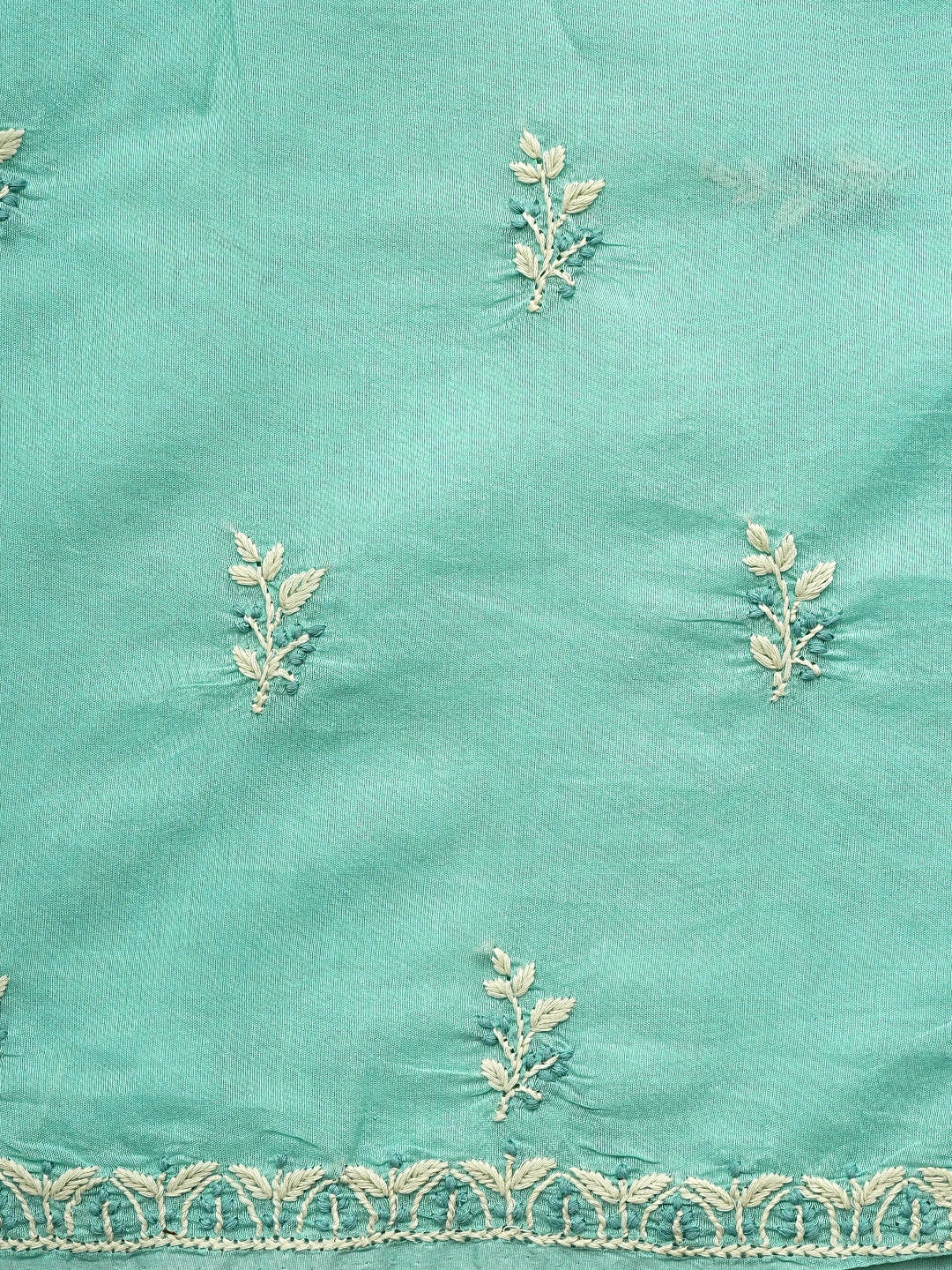 Ada Hand Embroidered Turquoise Chanderi Lucknowi Chikankari Unstitched Kurta Dupatta Set 01A945663