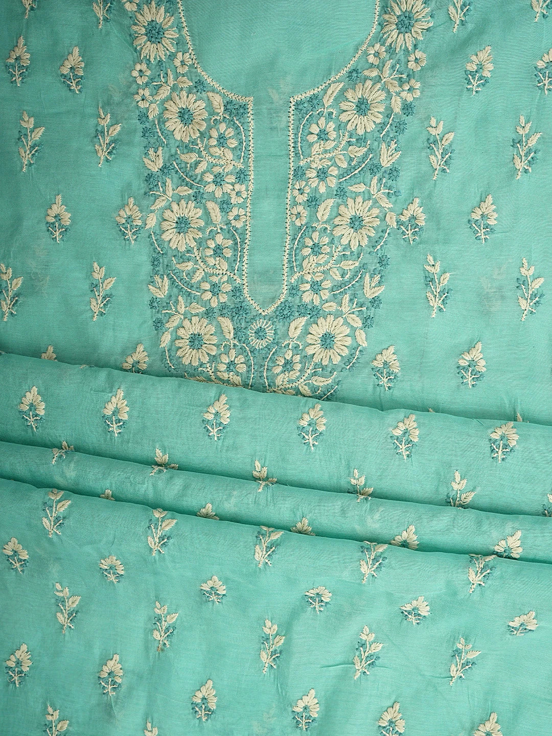 Ada Hand Embroidered Turquoise Chanderi Lucknowi Chikankari Unstitched Kurta Dupatta Set 01A945663