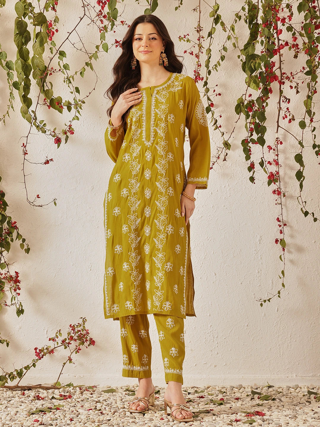 Ada Hand Embroidered Mehandi Green Chanderi Lucknowi Chikankari Kurta Set A811377