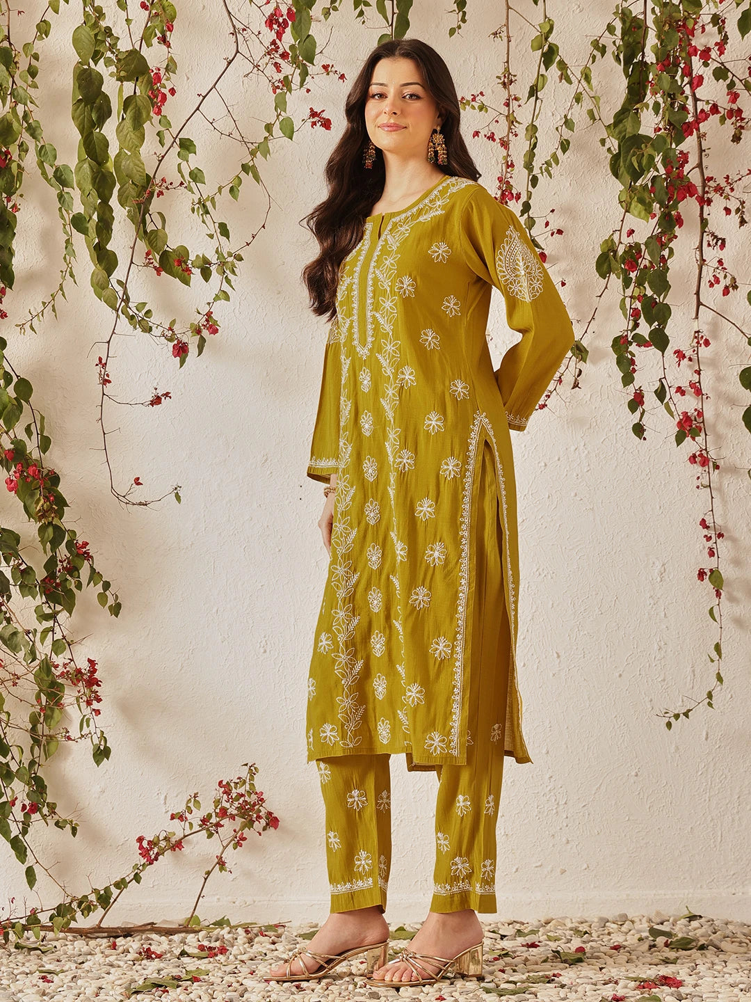 Ada Hand Embroidered Mehandi Green Chanderi Lucknowi Chikankari Kurta Set A811377