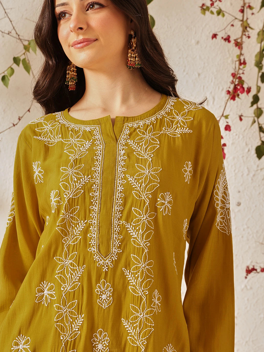 Ada Hand Embroidered Mehandi Green Chanderi Lucknowi Chikankari Kurta Set A811377