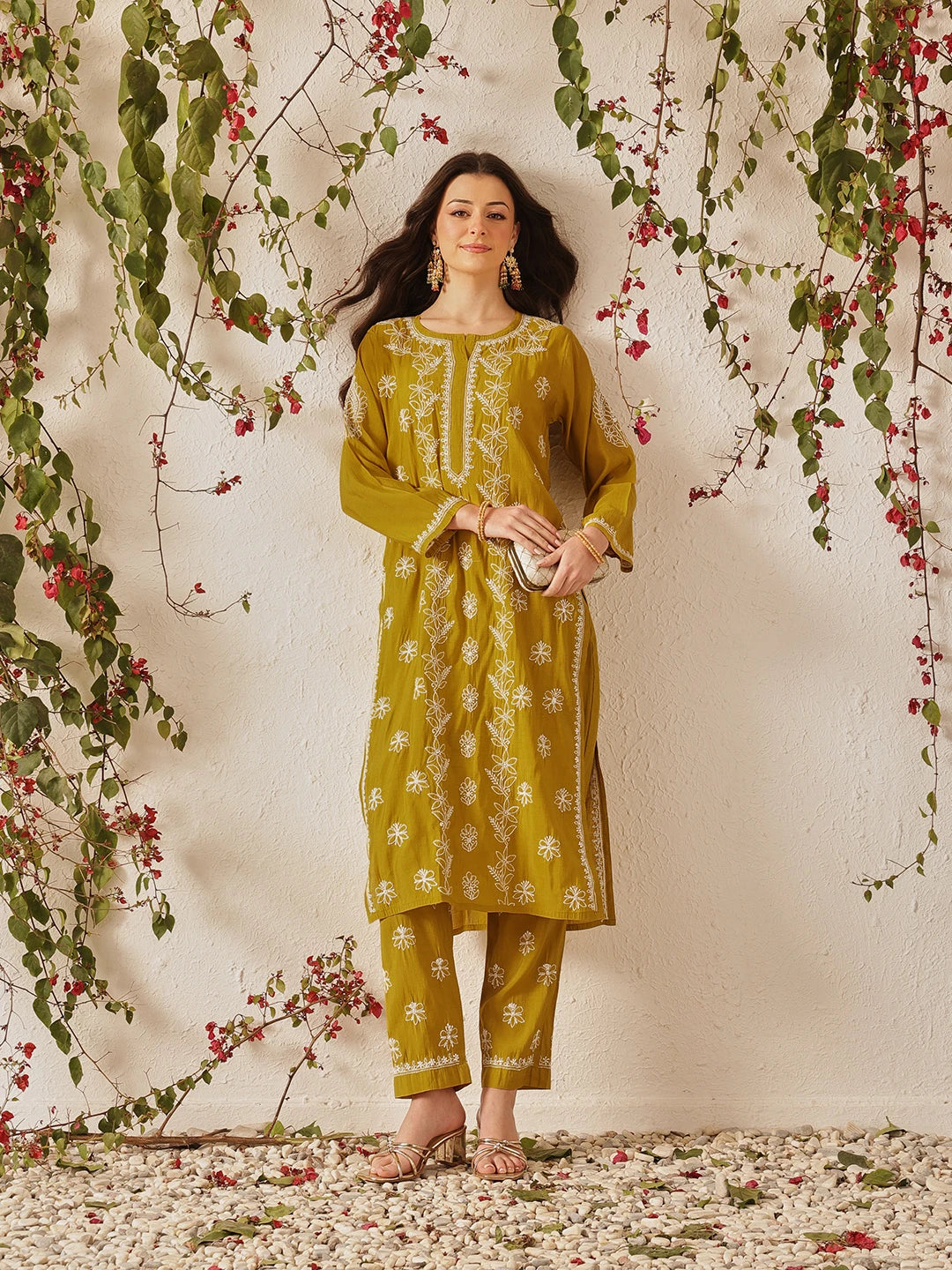 Ada Hand Embroidered Mehandi Green Chanderi Lucknowi Chikankari Kurta Set A811377