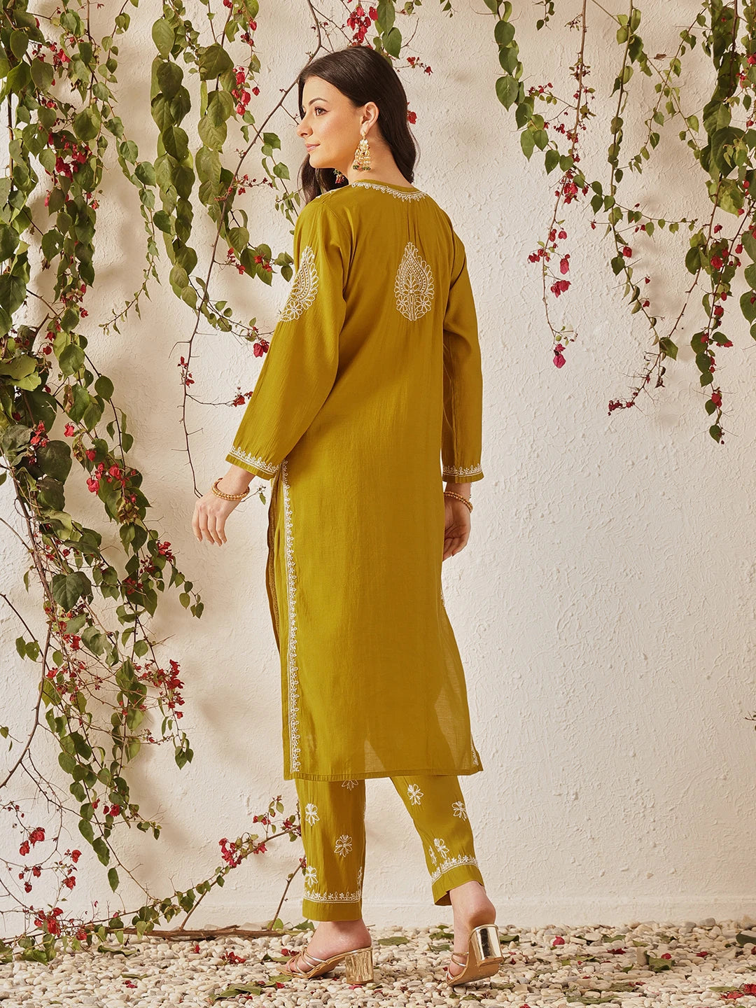 Ada Hand Embroidered Mehandi Green Chanderi Lucknowi Chikankari Kurta Set A811377