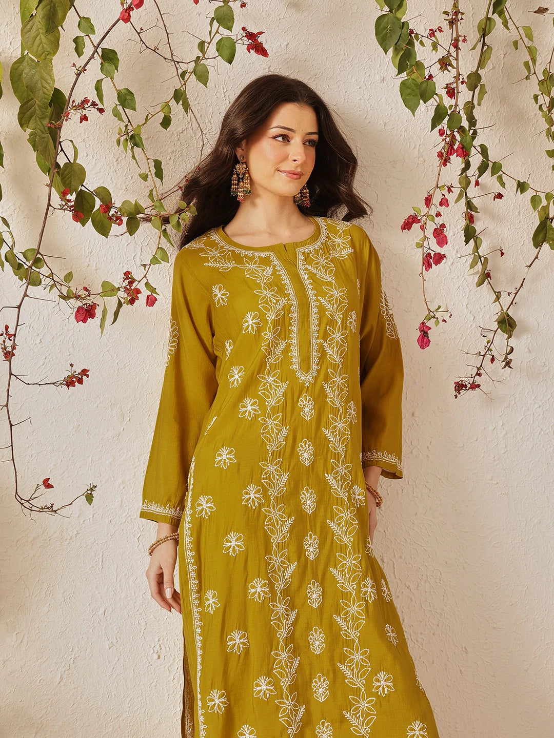 Ada Hand Embroidered Mehandi Green Chanderi Lucknowi Chikankari Kurta Set A811377