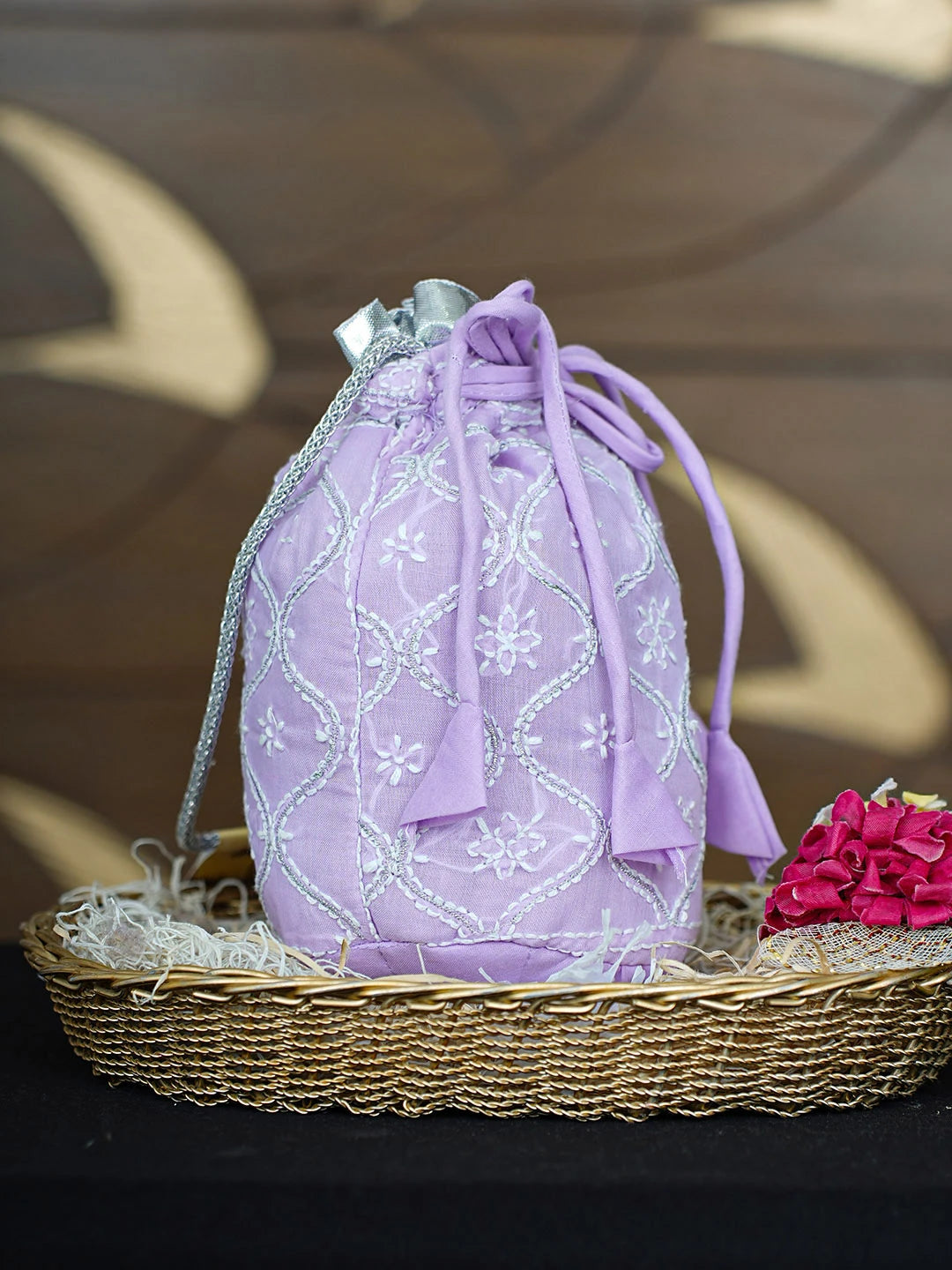 Ada Hand Embroidered Lavender Cotton Lucknowi Chikankari Potli Bag With Zari Work 01A938238