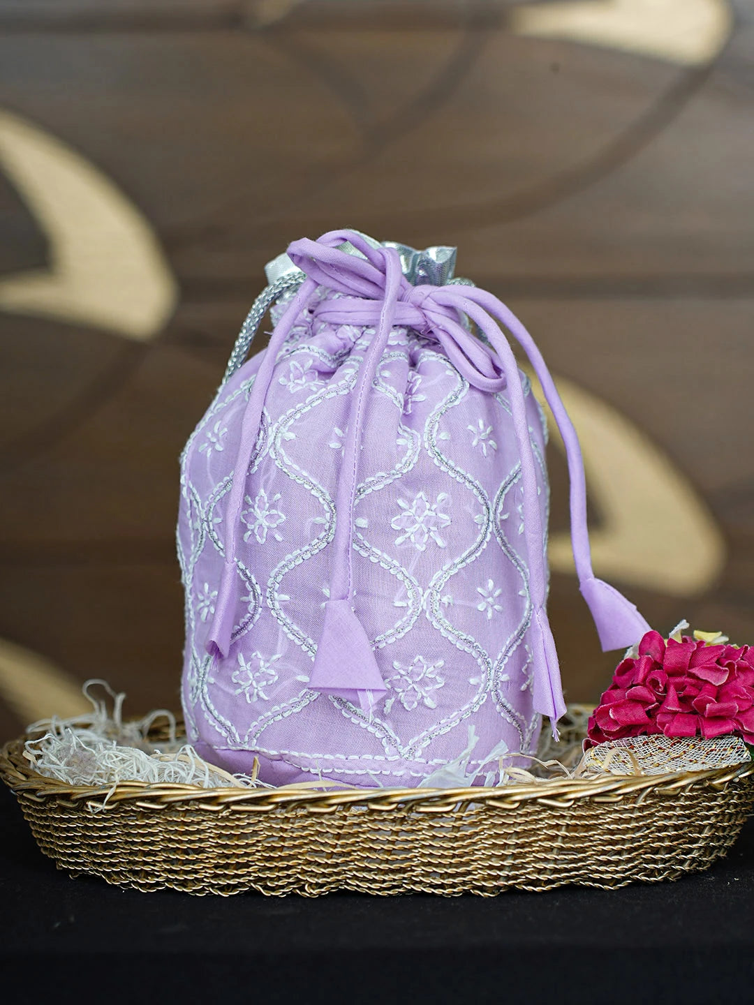 Ada Hand Embroidered Lavender Cotton Lucknowi Chikankari Potli Bag With Zari Work 01A938238